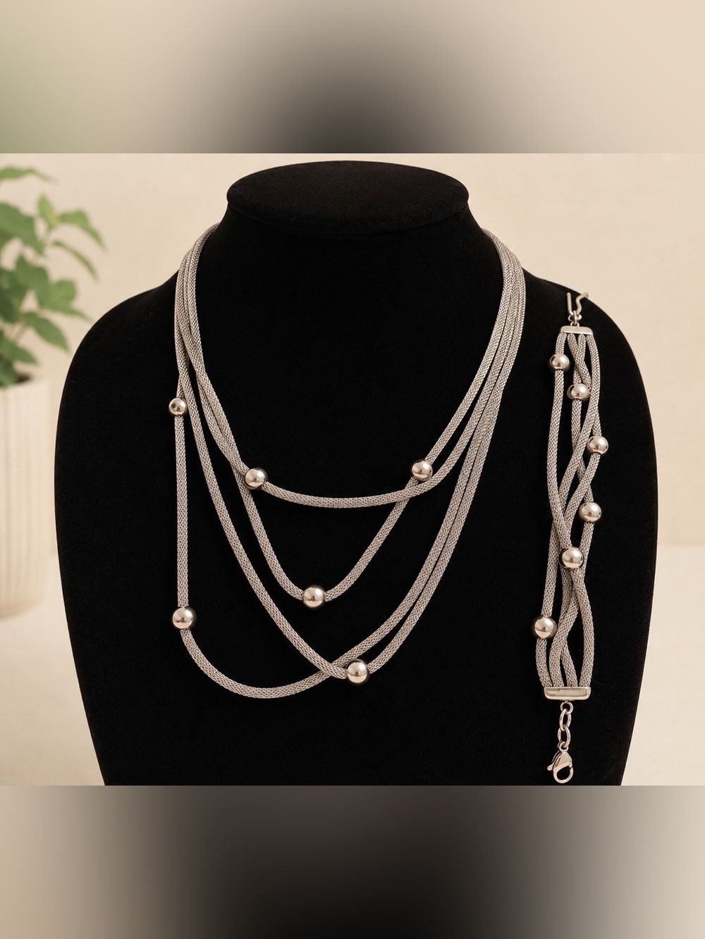 Multi-Strand Silver Beaded Necklace - Women Jewelry